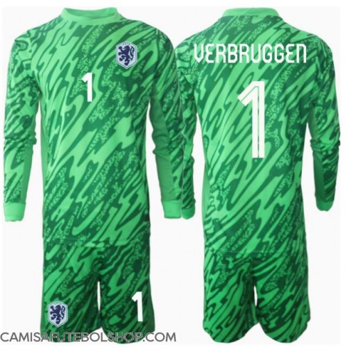 Camisa de time de futebol Holanda Bart Verbruggen #1 Goleiro Replicas 1º Equipamento Infantil Europeu 2024 Manga Comprida (+ Calças curtas)